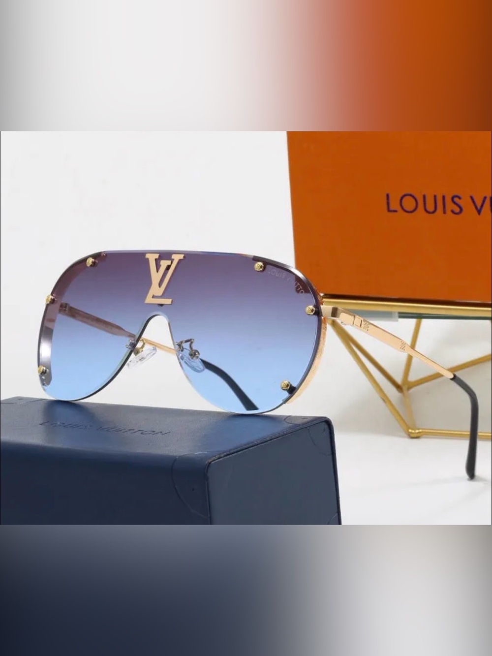 Louis Vuitton Gold-Accented Shield Sunglasses with Blue Gradient Lenses